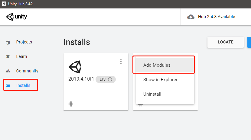 Instal module in Unity Hub